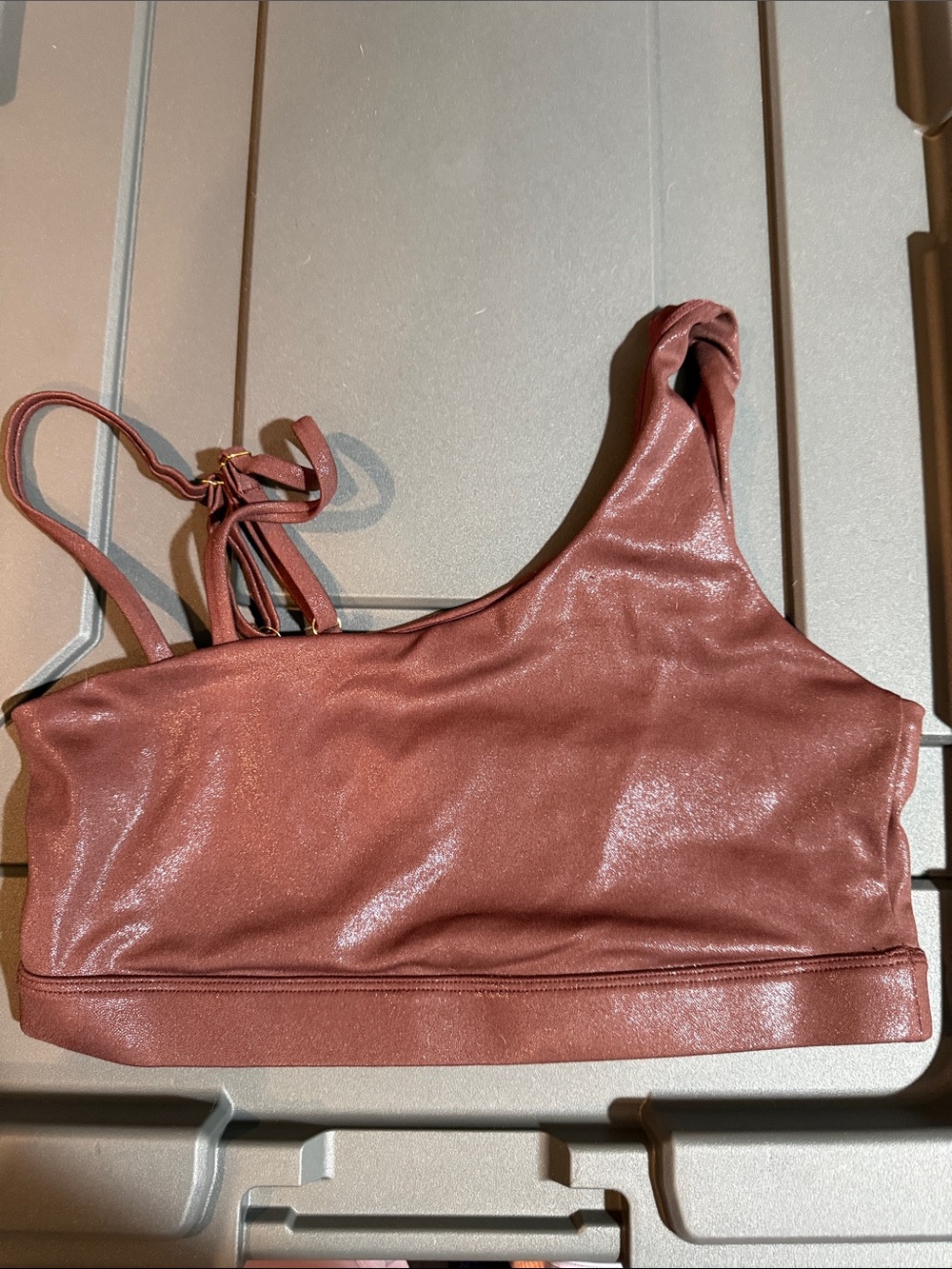 Zyia Metallic One-Shoulder Shimmer Sports Bra in Rust
